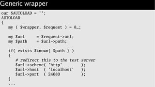 Generic wrapper
our $AUTOLOAD = '';
AUTOLOAD
{
my ( $wrapper, $request ) = @_;
my $url = $request->url;
my $path = $url->path;
if( exists $known{ $path } )
{
# redirect this to the test server
$url->scheme( 'http' );
$url->host ( 'localhost' );
$url->port ( 24680 );
}
...
 