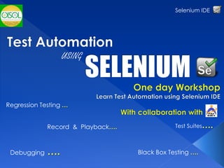 Record & Playback….
Debugging ….
Selenium IDE
Regression Testing …
Test Suites….
USING
Black Box Testing ….
 