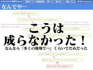 SeleniumUC勉強会Kansai 第1回 Session3「画面テストの動画録画」を作って「流行れ！」と願った(ry
なんでや…
「何かの製品のウリ」ではなく「多くの現場でヤル」くらいの技術に
「俺が自作する」のではなく、世の「ツール」「手法」が進化する
俺が使える！
うはうは！！
世界の現場で「そんなん常識よ？」くらいになる
俺「世のトレンド」についていけなくなる
悲しいけど「やったぜ！」
2015年当時までの”事実”
起きなかった”未来”
いくつかのプロダクトでサポートされ始めてた
自分は「現場で自作」した
こうは
成らなかった！なんなら「多くの現場で…」くらいでだめだった
 