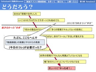 SeleniumUC勉強会Kansai 第1回 Session3「画面テストの動画録画」を作って「流行れ！」と願った(ry
どうだろう？
「何かの製品のウリ」ではなく「多くの現場でヤル」くらいの技術に
「俺が自作する」のではなく、世の「ツール」「手法」が進化する
俺が使える！
うはうは！！
世界の現場で「そんなん常識よ？」くらいになる
俺「世のトレンド」についていけなくなる
悲しいけど「やったぜ！」
2015年当時までの”事実”
起きなかった”未来”
たぶん、ここらへんで
(今日のコレ)が必要だった？
「動画録画」の実績とやりかたの発表
いくつかのプロダクトでサポートされ始めてた
自分は「現場で自作」した
 