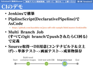 SeleniumUC勉強会Kansai 第1回 Session3「画面テストの動画録画」を作って「流行れ！」と願った(ry
CIのデモ
• Jenkinsで構築
• PiplineScript(DeclarativePipeline)で
AsCode
– https://github.com/kazuhito-m/java-odf-edit-sample/blob/master/Jenkinsfile
• Multi Branch Job
(すべてのgit branchでpushされたらCI回る)
で定義
• Source取得→DB用意(コンテナビルド&立上
げ)->単体テスト->画面テスト->成果物保存
 