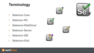 Terminology
•  Selenium Core
•  Selenium RC
•  Selenium-WebDriver
•  Selenium Server
•  Selenium IDE
•  Selenium-Grid
 