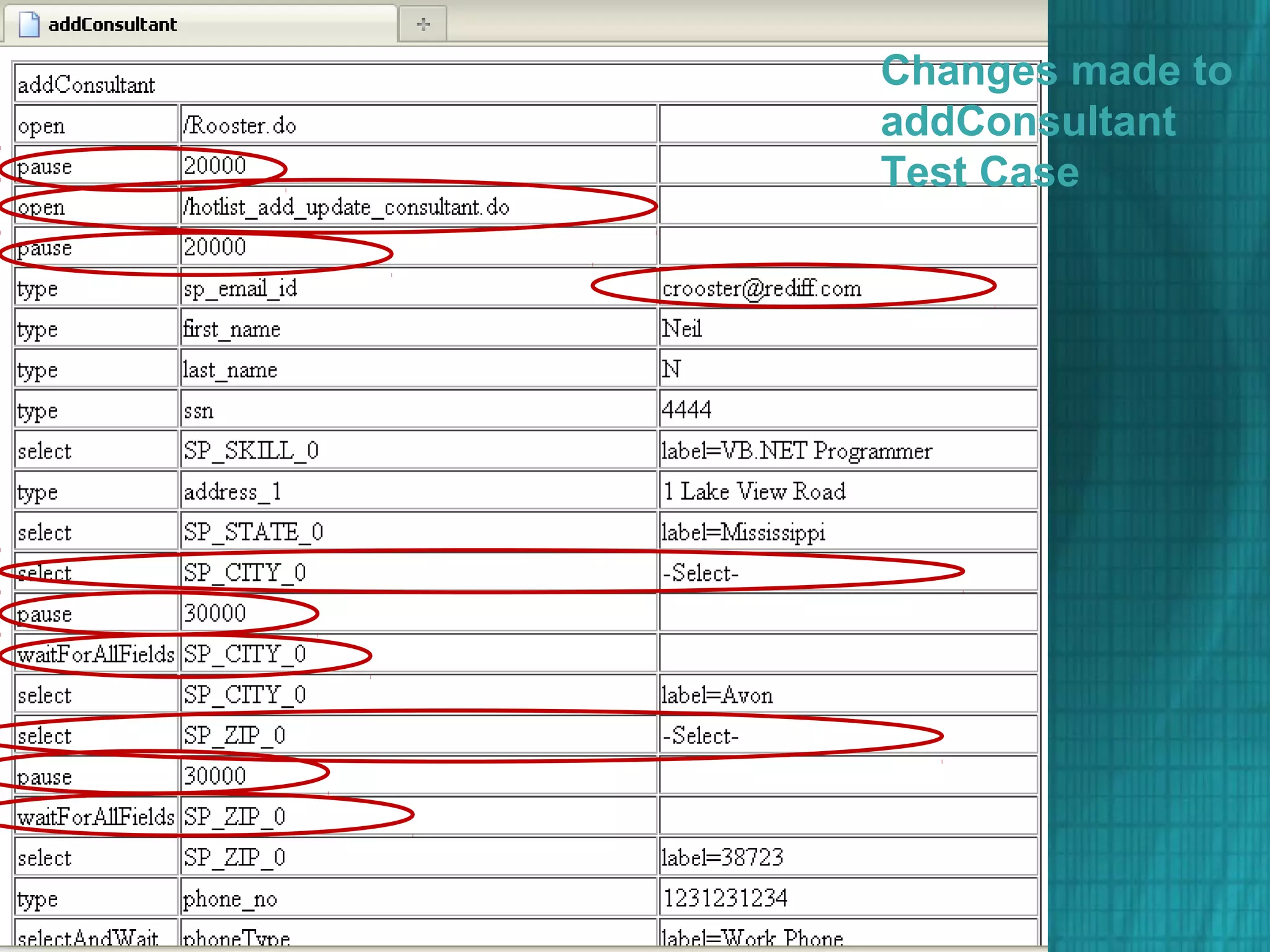 Changes made to
addConsultant
Test Case
 