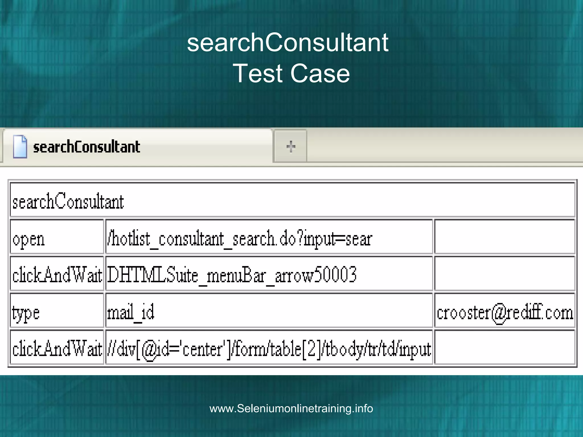 searchConsultant
Test Case
www.Seleniumonlinetraining.info
 