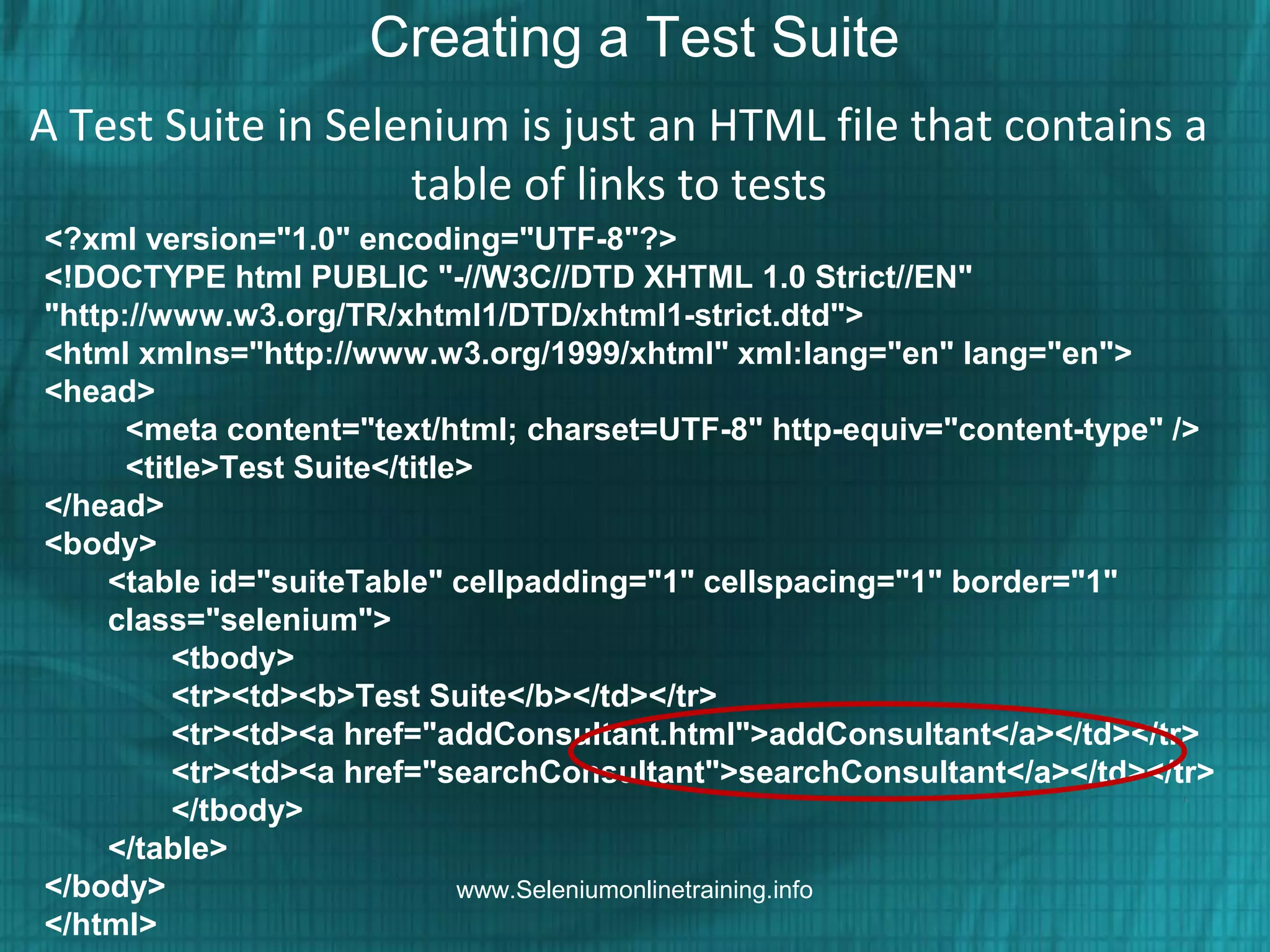Creating a Test Suite
A Test Suite in Selenium is just an HTML file that contains a
table of links to tests
<?xml version="1.0" encoding="UTF-8"?>
<!DOCTYPE html PUBLIC "-//W3C//DTD XHTML 1.0 Strict//EN"
"http://www.w3.org/TR/xhtml1/DTD/xhtml1-strict.dtd">
<html xmlns="http://www.w3.org/1999/xhtml" xml:lang="en" lang="en">
<head>
<meta content="text/html; charset=UTF-8" http-equiv="content-type" />
<title>Test Suite</title>
</head>
<body>
<table id="suiteTable" cellpadding="1" cellspacing="1" border="1"
class="selenium">
<tbody>
<tr><td><b>Test Suite</b></td></tr>
<tr><td><a href="addConsultant.html">addConsultant</a></td></tr>
<tr><td><a href="searchConsultant">searchConsultant</a></td></tr>
</tbody>
</table>
</body>
</html>
www.Seleniumonlinetraining.info
 