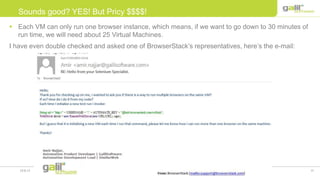15Confidential and propriety Galil Software, Ltd. 201219.8.12
 Each VM can only run one browser instance, which means, if we want to go down to 30 minutes of
run time, we will need about 25 Virtual Machines.
I have even double checked and asked one of BrowserStack’s representatives, here’s the e-mail:
Sounds good? YES! But Pricy $$$$!
 