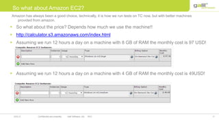 17Confidential and propriety Galil Software, Ltd. 201219.8.12
 So what about the price? Depends how much we use the machine!!
 http://calculator.s3.amazonaws.com/index.html
 Assuming we run 12 hours a day on a machine with 8 GB of RAM the monthly cost is 97 USD!
 Assuming we run 12 hours a day on a machine with 4 GB of RAM the monthly cost is 49USD!
So what about Amazon EC2?
Amazon has always been a good choice, technically, it is how we run tests on TC now, but with better machines
provided from amazon.
 