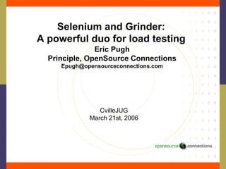 Selenium and Grinder: A powerful duo for load testing Eric Pugh Principle, OpenSource Connections [email_address] CvilleJUG March 21st, 2006 