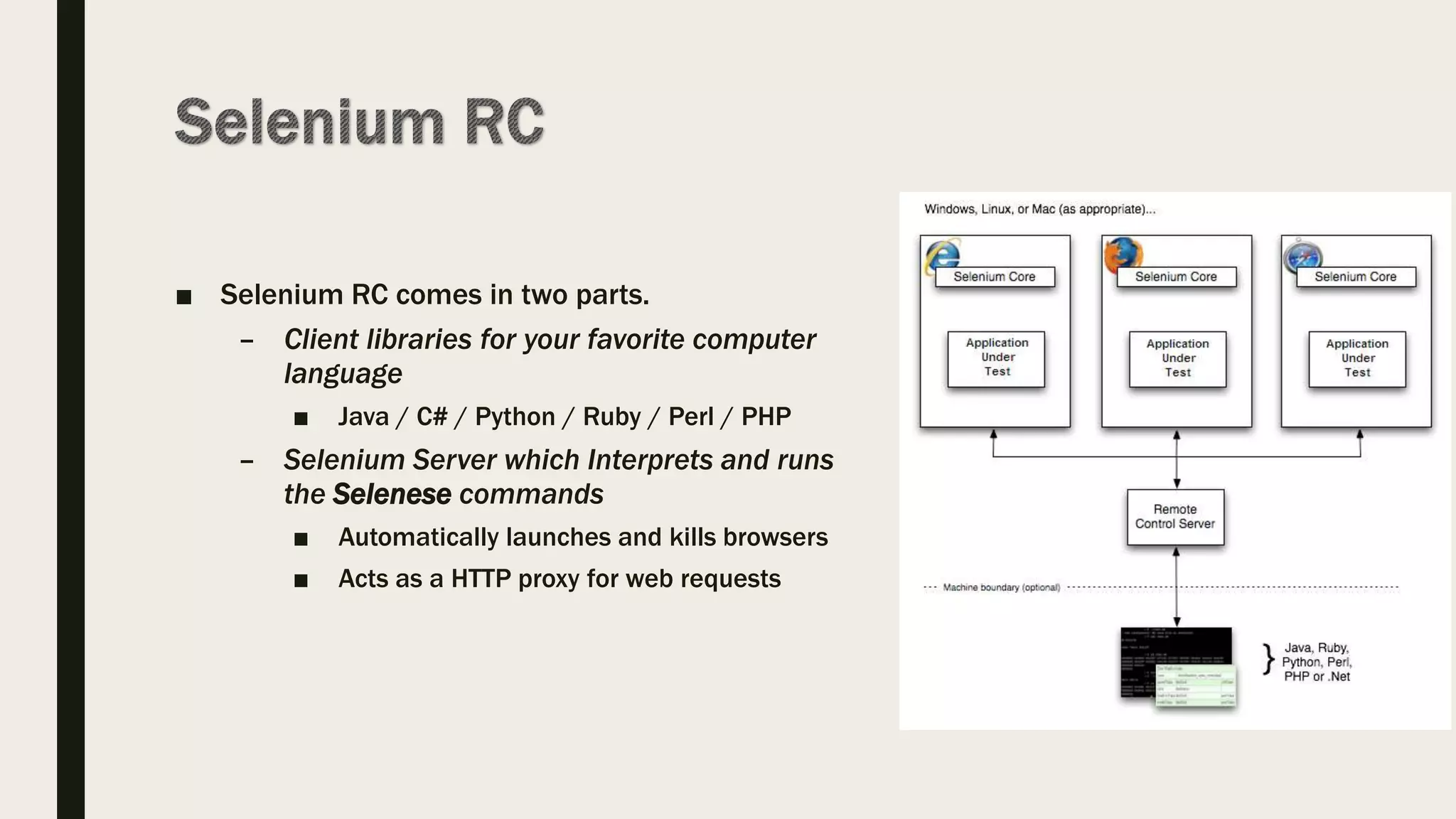 ■ Selenium RC comes in two parts.
– Client libraries for your favorite computer
language
■ Java / C# / Python / Ruby / Perl / PHP
– Selenium Server which Interprets and runs
the Selenese commands
■ Automatically launches and kills browsers
■ Acts as a HTTP proxy for web requests
 