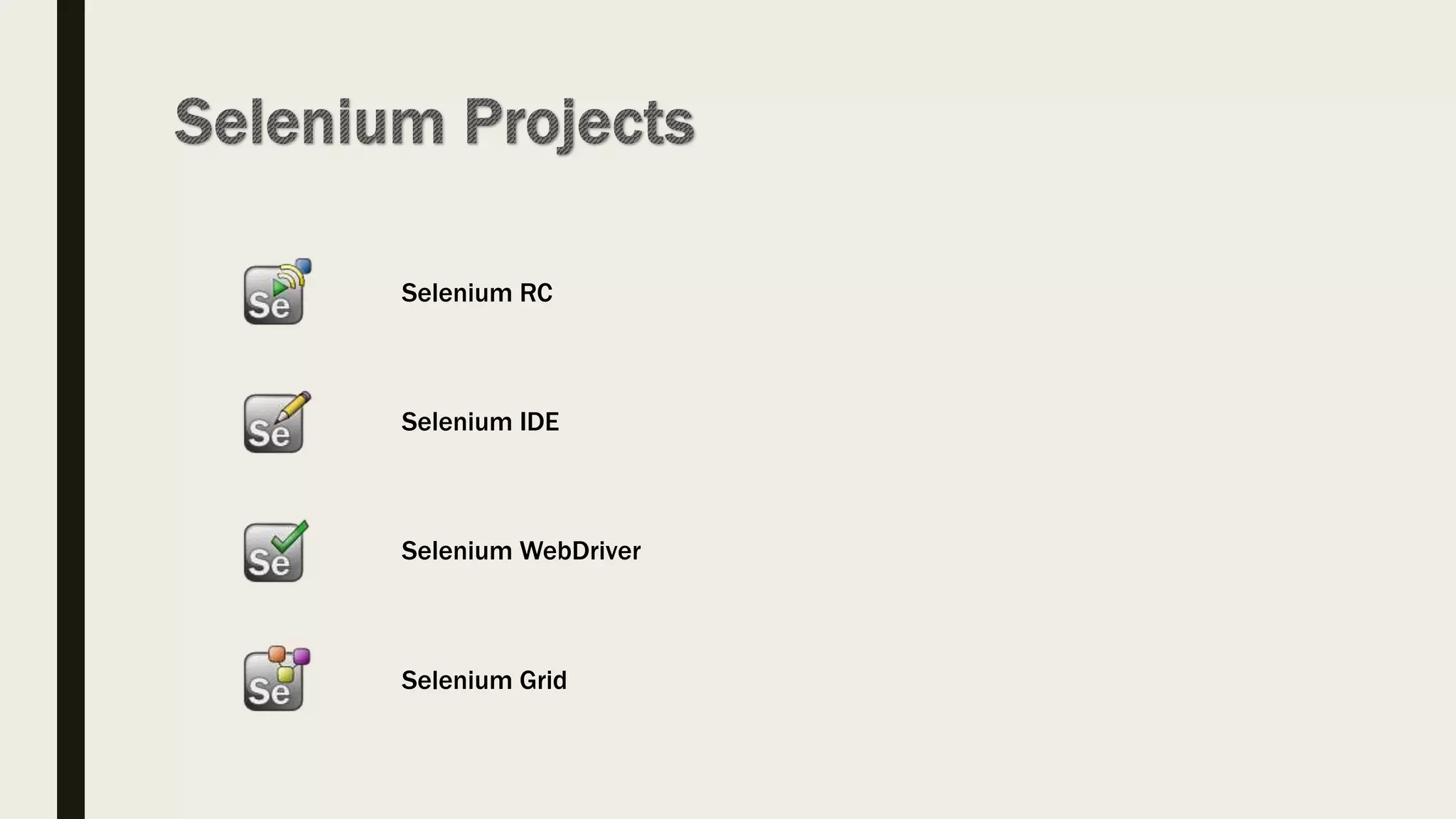 Selenium IDE
Selenium WebDriver
Selenium Grid
Selenium RC
 