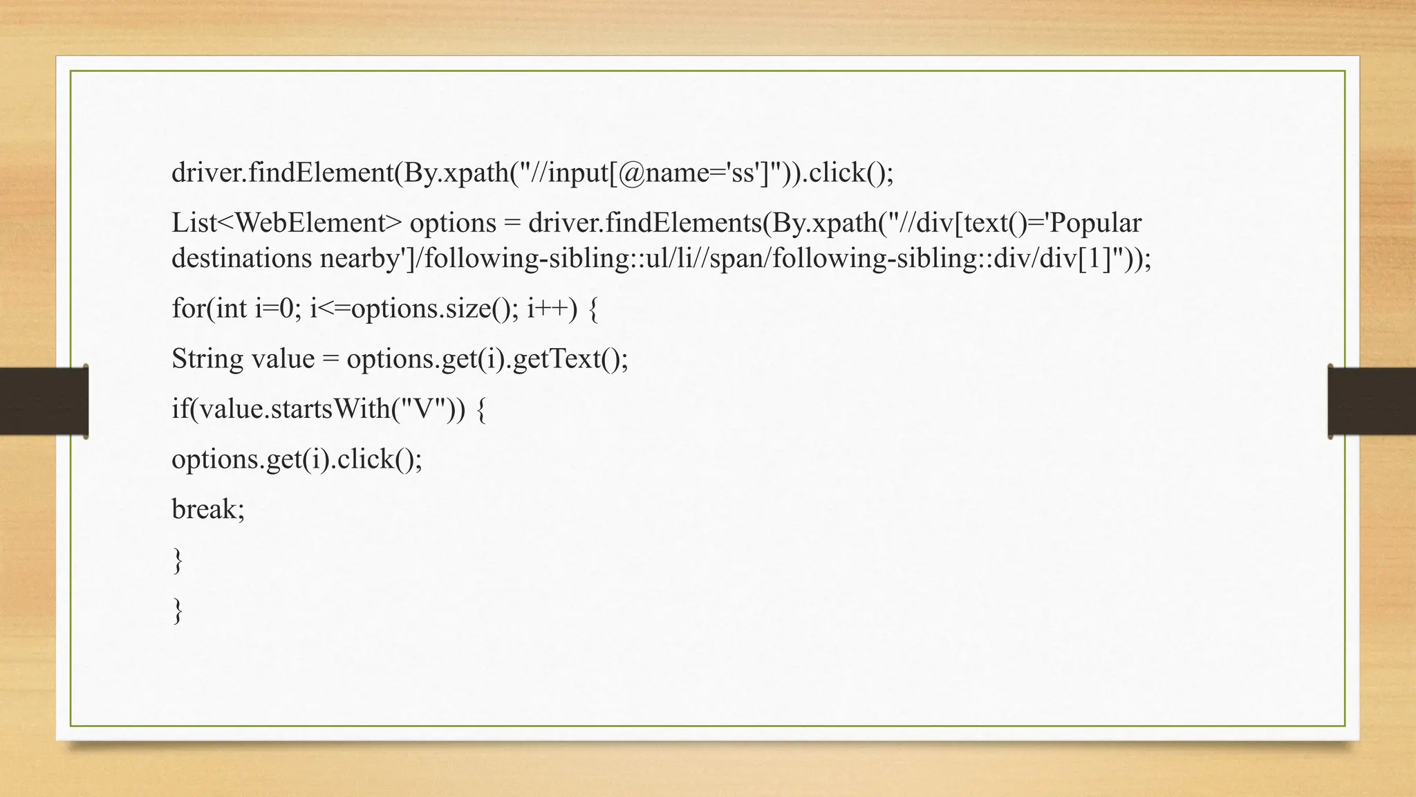 driver.findElement(By.xpath("//input[@name='ss']")).click();
List<WebElement> options = driver.findElements(By.xpath("//div[text()='Popular
destinations nearby']/following-sibling::ul/li//span/following-sibling::div/div[1]"));
for(int i=0; i<=options.size(); i++) {
String value = options.get(i).getText();
if(value.startsWith("V")) {
options.get(i).click();
break;
}
}
 