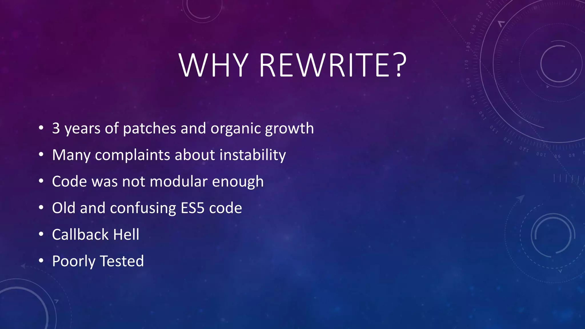 WHY REWRITE?
• 3 years of patches and organic growth
• Many complaints about instability
• Code was not modular enough
• Old and confusing ES5 code
• Callback Hell
• Poorly Tested
 