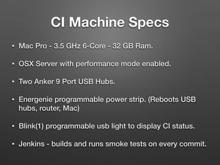 • Mac Pro - 3.5 GHz 6-Core - 32 GB Ram.
• OSX Server with performance mode enabled.
• Two Anker 9 Port USB Hubs.
• Energenie programmable power strip. (Reboots USB
hubs, router, Mac)
• Blink(1) programmable usb light to display CI status.
• Jenkins - builds and runs smoke tests on every commit.
CI Machine Specs
 