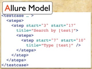 <testcase … >!
<steps>!
<step start="3" start="17" !
title=“Search by [test]”>!
<steps>!
<step start="7" start="10"!
title=“Type [test]” />!
</steps>!
</step>!
</steps>!
</testcase>
Allure Model
 
