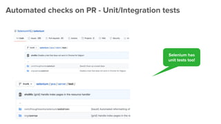 Automated checks on PR - Unit/Integration tests
Selenium has
unit tests too!
 