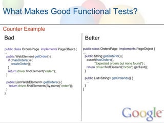 What Makes Good Functional Tests?

Counter Example
Bad                                                       Better
public class OrdersPage implements PageObject {       public class OrdersPage implements PageObject {
...                                                   ...
  public WebElement getOrder() {                        public String getOrderId() {
    if (!hasOrders()) {                                   assert(hasOrders(),
       createOrder();                                           "Expected orders but none found") ;
    }                                                     return driver.findElement("order").getText();
    return driver.findElement("order");                 }
  }
                                                          public List<String> getOrderIds() {
    public List<WebElement> getOrders() {                   ...
      return driver.findElements(By.name("order"));       }
    }                                                 }
}
 