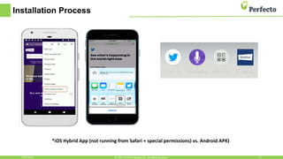 Installation Process
6/29/2018 17© 2015, Perfecto Mobile Ltd. All Rights Reserved.
*iOS Hybrid App (not running from Safari + special permissions) vs. Android APK)
 