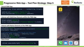 Progressive Web App – Test Plan Strategy: Step 5
6/29/2018 27© 2015, Perfecto Mobile Ltd. All Rights Reserved.
Object
Identification
Strategy
Interact with WebView Elements within the PWA App
Launch PWA App
Close Driver
Interact with Native Elements of the PWA App
 