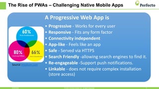 The Rise of PWAs – Challenging Native Mobile Apps
A Progressive Web App is
• Progressive - Works for every user
• Responsive - Fits any form factor
• Connectivity independent
• App-like - Feels like an app
• Safe - Served via HTTPS
• Search Friendly -allowing search engines to find it.
• Re-engageable -Support push notifications.
• Linkable - does not require complex installation
(store access)
6/29/2018 9© 2015, Perfecto Mobile Ltd. All Rights Reserved.
Source :medium.com
 