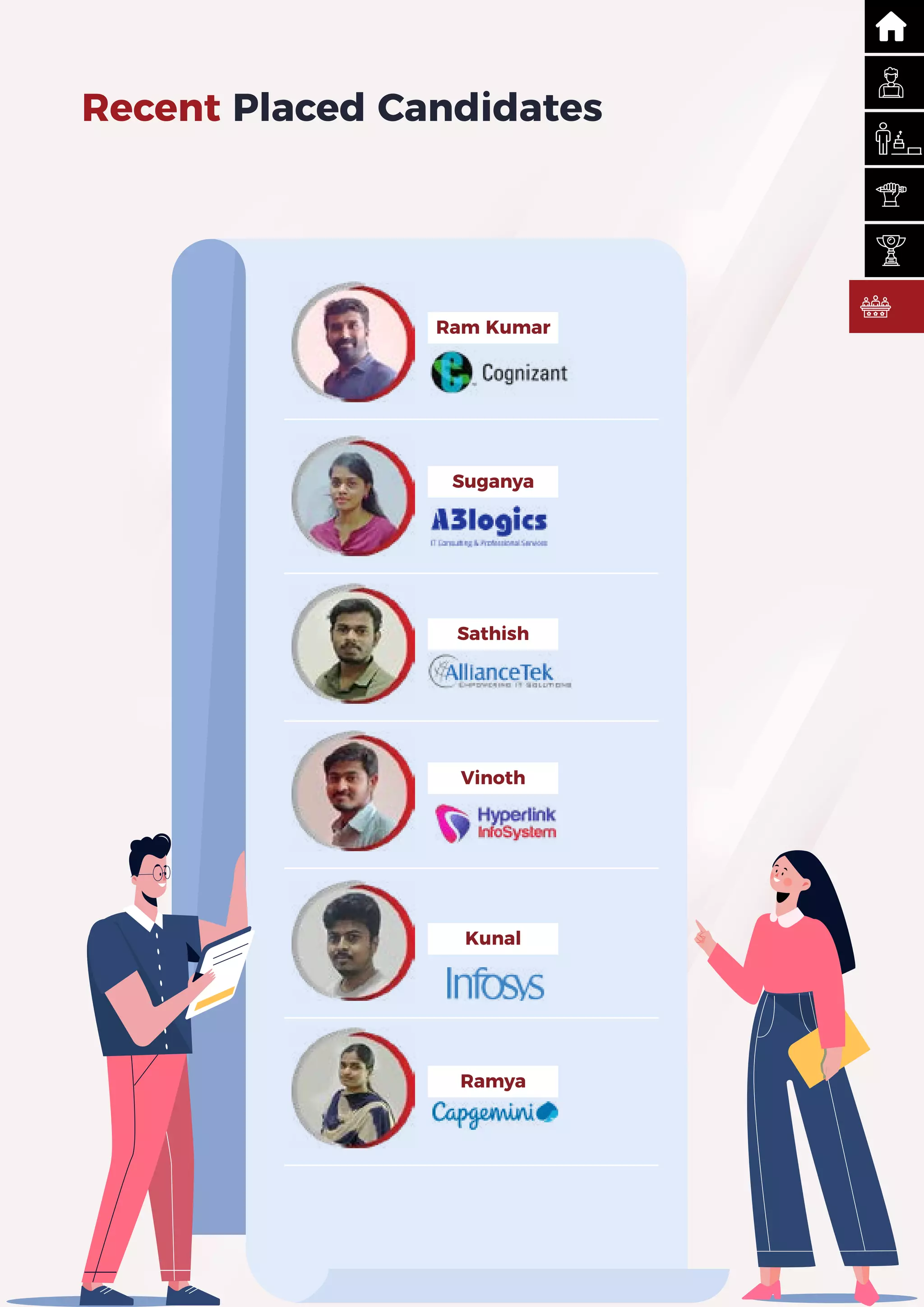 Recent Placed Candidates
Ram Kumar
Suganya
Sathish
Vinoth
Kunal
Ramya
 