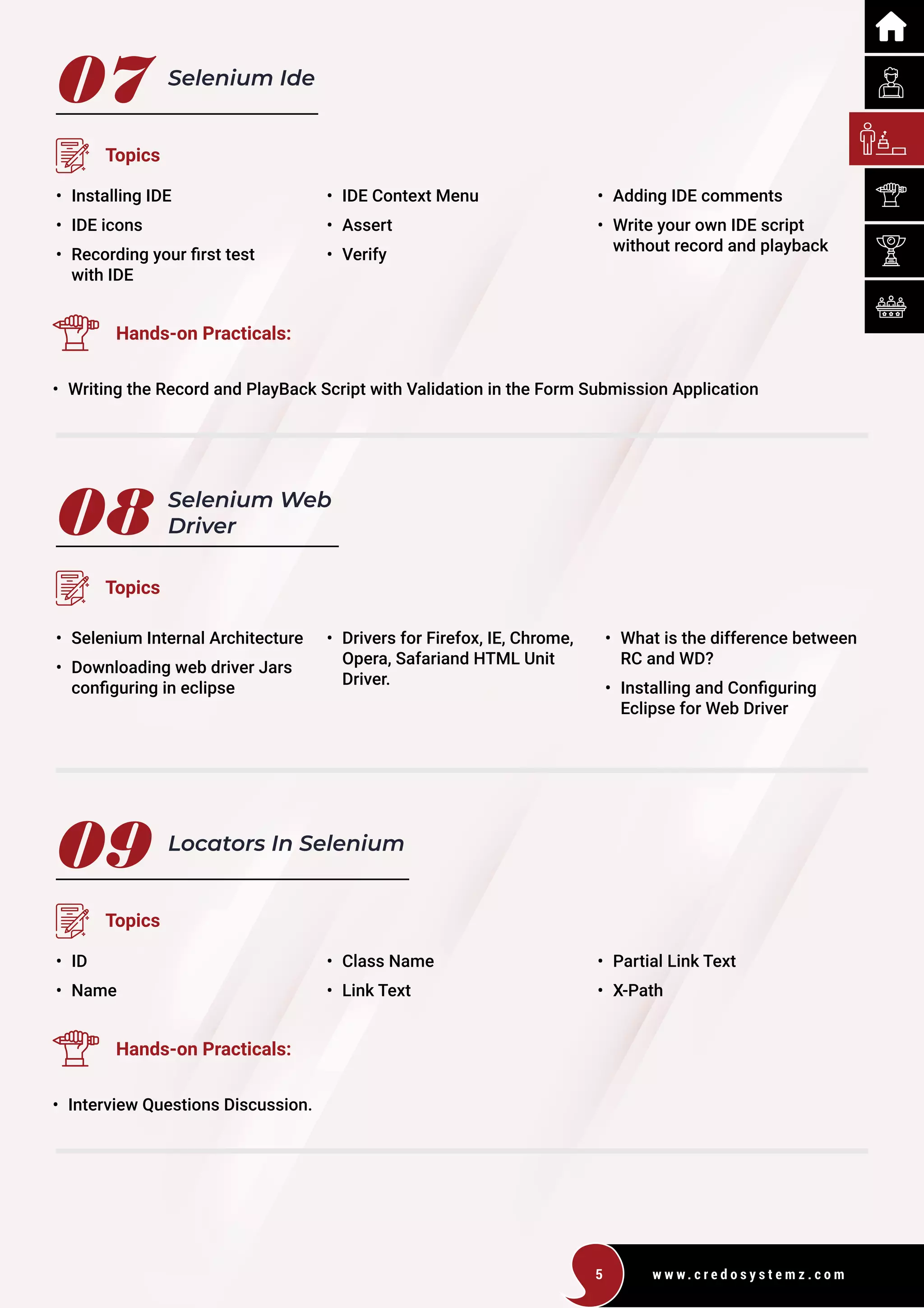 w w w . c r e d o s y s t e m z . c o m
5
07
09
08
Selenium Ide
Locators In Selenium
Selenium Web
Driver
Topics
Topics
Topics
• Selenium Internal Architecture
• Downloading web driver Jars
configuring in eclipse
• Drivers for Firefox, IE, Chrome,
Opera, Safariand HTML Unit
Driver.
• What is the difference between
RC and WD?
• Installing and Configuring 		
Eclipse for Web Driver
• Installing IDE
• IDE icons
• Recording your first test
with IDE
• ID
• Name
• IDE Context Menu
• Assert
• Verify
• Class Name
• Link Text
• Adding IDE comments
• Write your own IDE script
without record and playback
• Partial Link Text
• X-Path
Hands-on Practicals:
Hands-on Practicals:
• Writing the Record and PlayBack Script with Validation in the Form Submission Application
• Interview Questions Discussion.
 