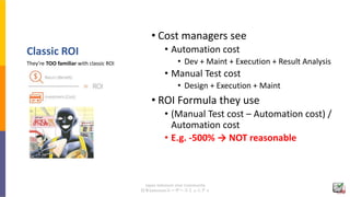 Japan Selenium User Community
日本Seleniumユーザーコミュニティ
Classic ROI
• Cost managers see
• Automation cost
• Dev + Maint + Execu...