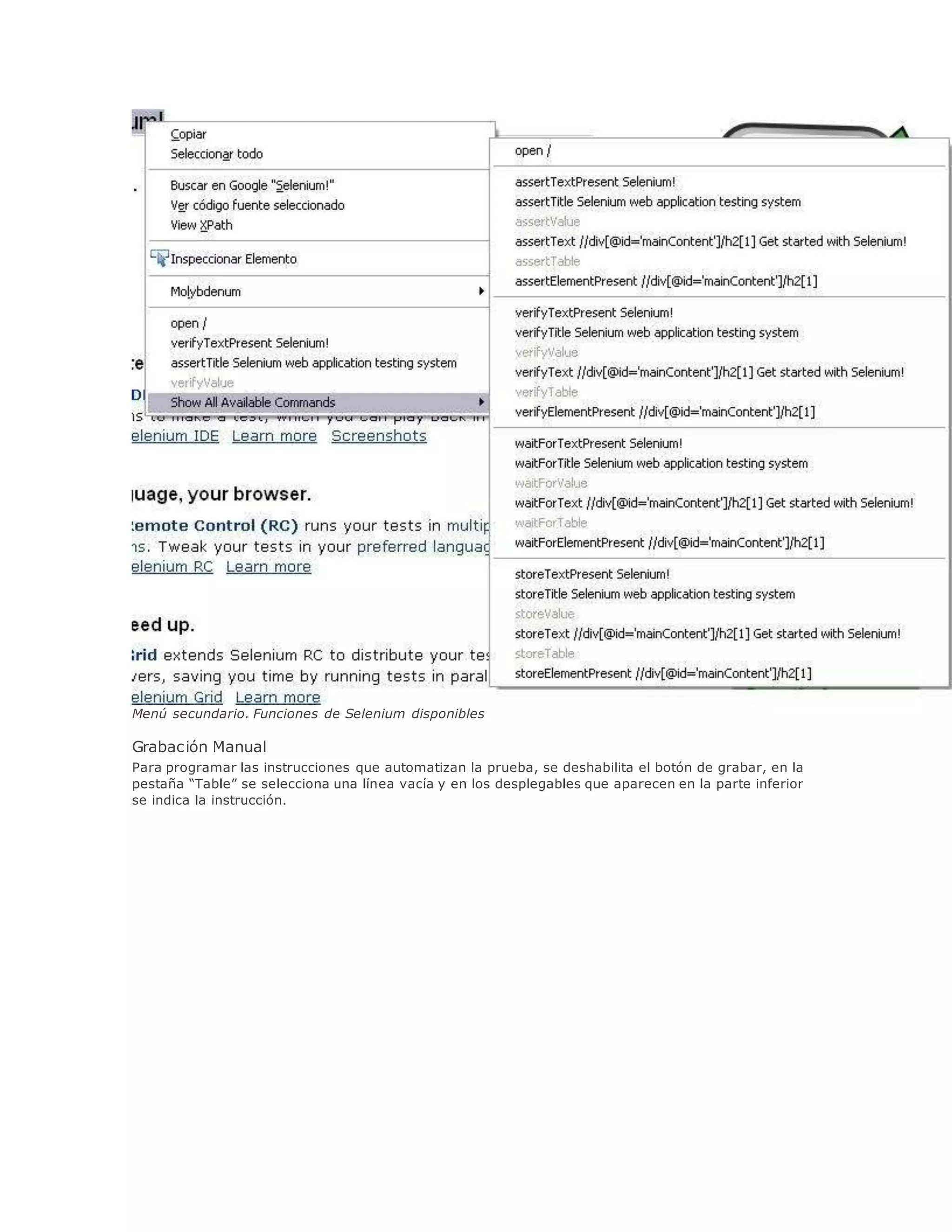 Menú secundario. Funciones de Selenium disponibles
Grabación Manual
Para programar las instrucciones que automatizan la prueba, se deshabilita el botón de grabar, en la
pestaña “Table” se selecciona una línea vacía y en los desplegables que aparecen en la parte inferior
se indica la instrucción.
 