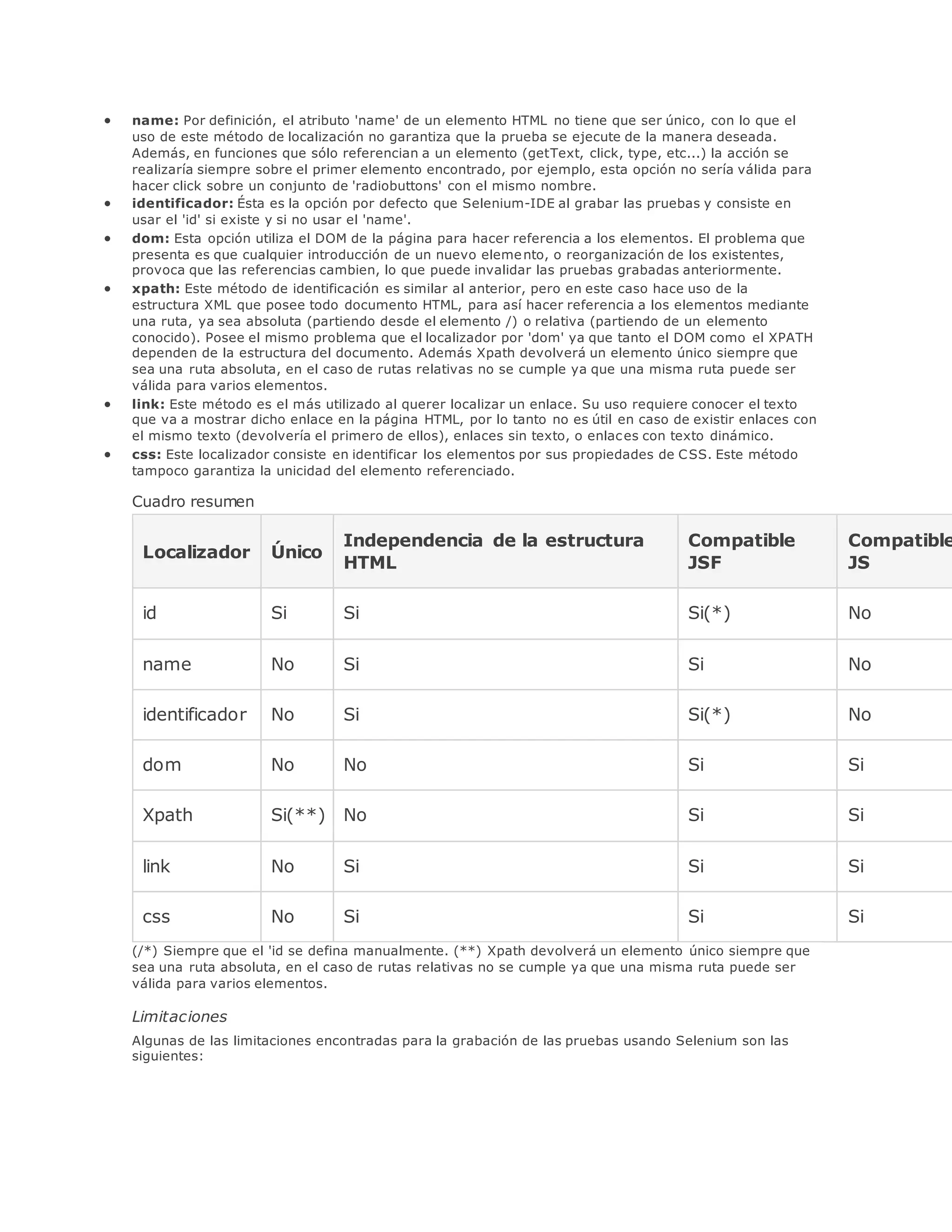  name: Por definición, el atributo 'name' de un elemento HTML no tiene que ser único, con lo que el
uso de este método de localización no garantiza que la prueba se ejecute de la manera deseada.
Además, en funciones que sólo referencian a un elemento (getText, click, type, etc...) la acción se
realizaría siempre sobre el primer elemento encontrado, por ejemplo, esta opción no sería válida para
hacer click sobre un conjunto de 'radiobuttons' con el mismo nombre.
 identificador: Ésta es la opción por defecto que Selenium-IDE al grabar las pruebas y consiste en
usar el 'id' si existe y si no usar el 'name'.
 dom: Esta opción utiliza el DOM de la página para hacer referencia a los elementos. El problema que
presenta es que cualquier introducción de un nuevo elemento, o reorganización de los existentes,
provoca que las referencias cambien, lo que puede invalidar las pruebas grabadas anteriormente.
 xpath: Este método de identificación es similar al anterior, pero en este caso hace uso de la
estructura XML que posee todo documento HTML, para así hacer referencia a los elementos mediante
una ruta, ya sea absoluta (partiendo desde el elemento /) o relativa (partiendo de un elemento
conocido). Posee el mismo problema que el localizador por 'dom' ya que tanto el DOM como el XPATH
dependen de la estructura del documento. Además Xpath devolverá un elemento único siempre que
sea una ruta absoluta, en el caso de rutas relativas no se cumple ya que una misma ruta puede ser
válida para varios elementos.
 link: Este método es el más utilizado al querer localizar un enlace. Su uso requiere conocer el texto
que va a mostrar dicho enlace en la página HTML, por lo tanto no es útil en caso de existir enlaces con
el mismo texto (devolvería el primero de ellos), enlaces sin texto, o enlaces con texto dinámico.
 css: Este localizador consiste en identificar los elementos por sus propiedades de CSS. Este método
tampoco garantiza la unicidad del elemento referenciado.
Cuadro resumen
Localizador Único
Independencia de la estructura
HTML
Compatible
JSF
Compatible
JS
id Si Si Si(*) No
name No Si Si No
identificador No Si Si(*) No
dom No No Si Si
Xpath Si(**) No Si Si
link No Si Si Si
css No Si Si Si
(/*) Siempre que el 'id se defina manualmente. (**) Xpath devolverá un elemento único siempre que
sea una ruta absoluta, en el caso de rutas relativas no se cumple ya que una misma ruta puede ser
válida para varios elementos.
Limitaciones
Algunas de las limitaciones encontradas para la grabación de las pruebas usando Selenium son las
siguientes:
 