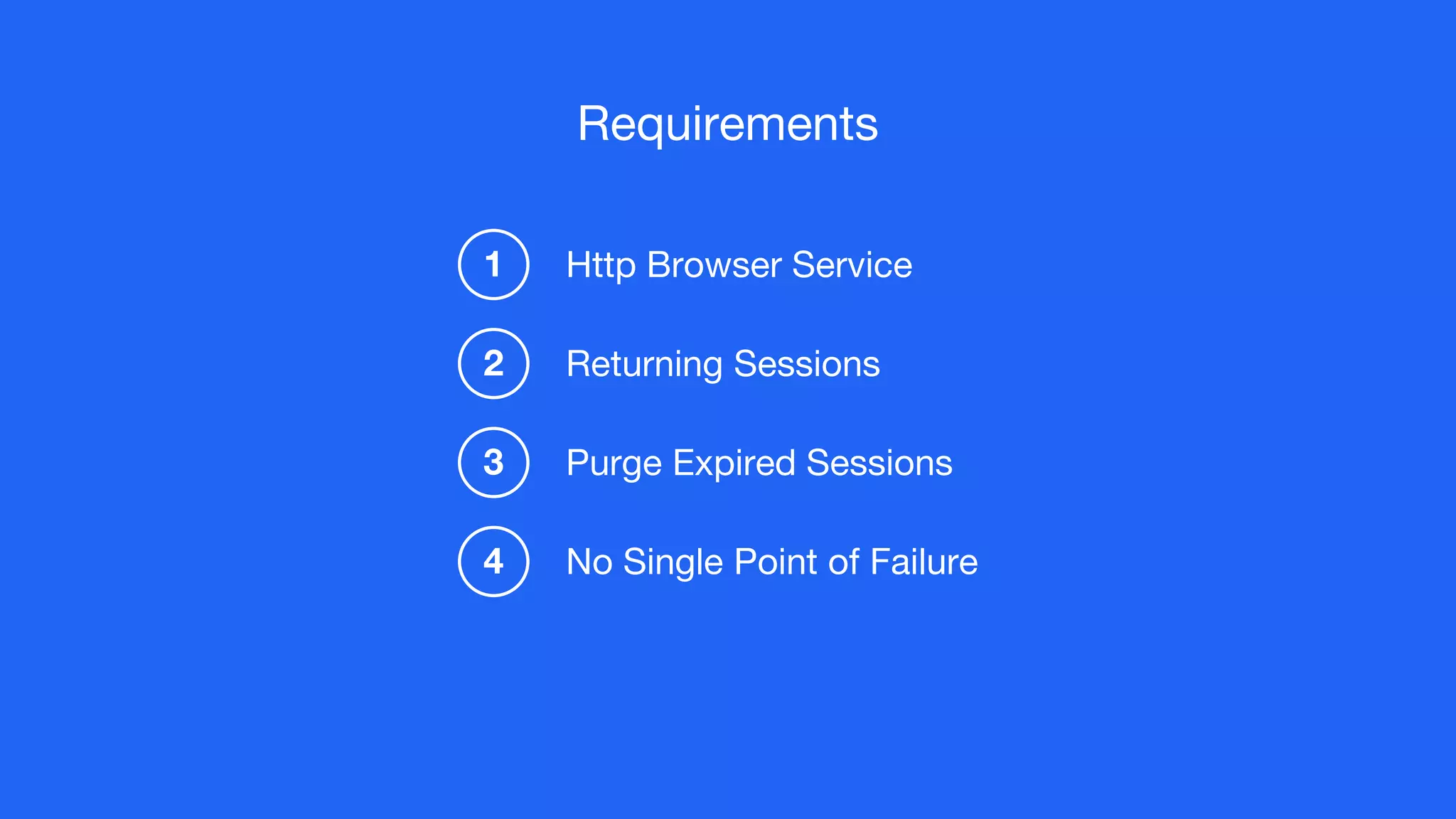 Http Browser Service
Returning Sessions
1
2
Purge Expired Sessions3
No Single Point of Failure4
Requirements
 