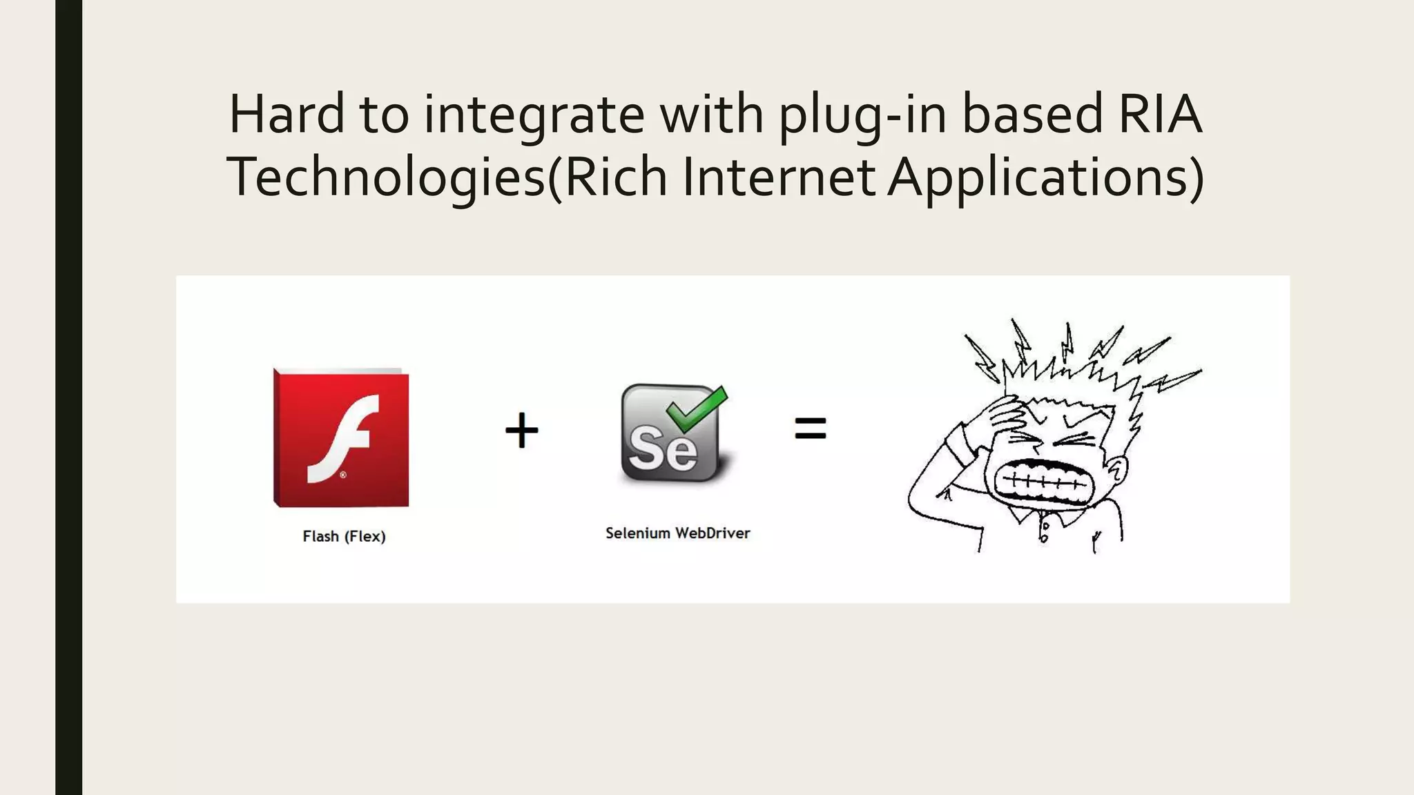 Hard to integrate with plug-in based RIA
Technologies(Rich Internet Applications)
 