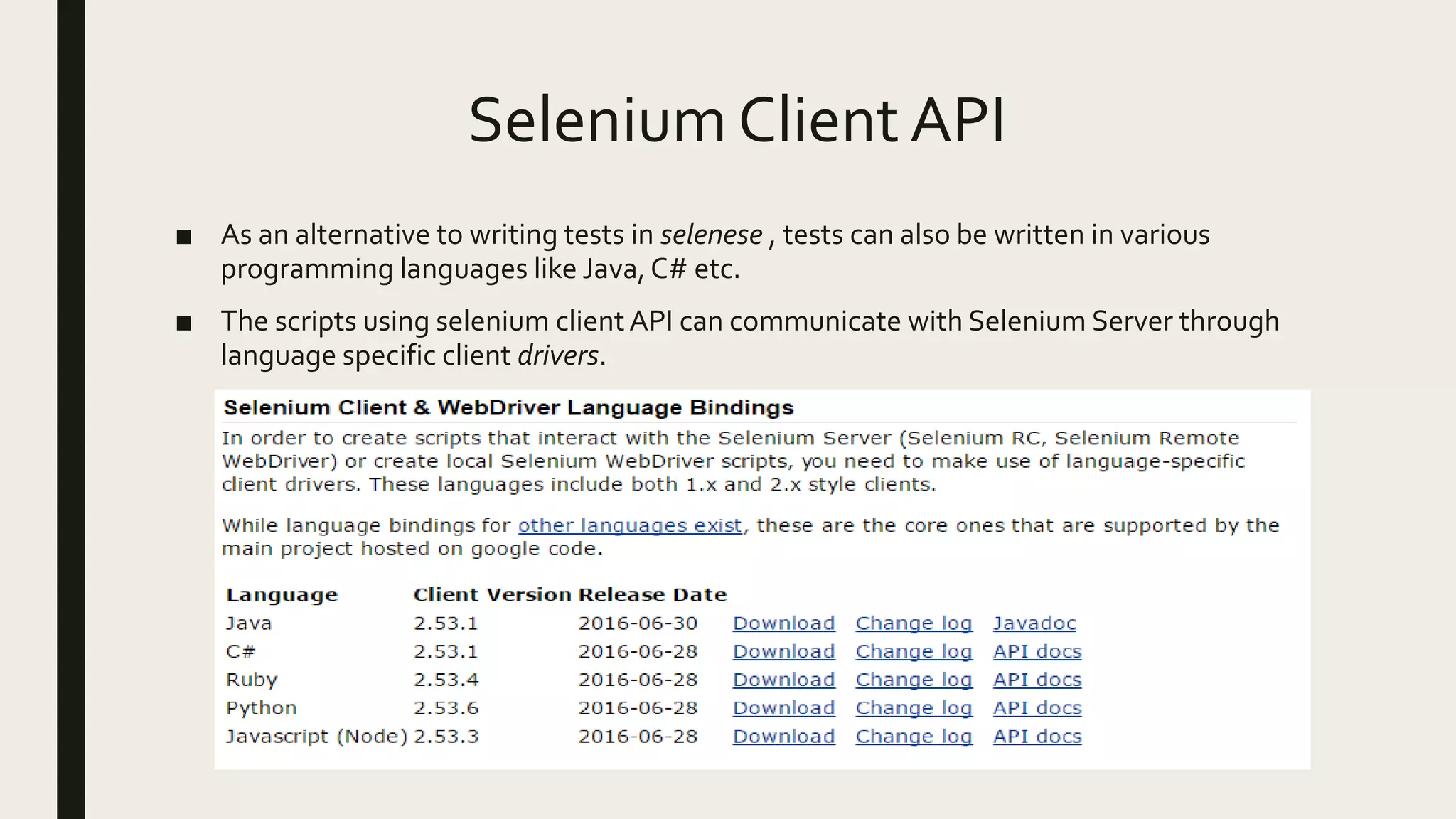 Selenium Client API
■ As an alternative to writing tests in selenese , tests can also be written in various
programming languages like Java,C# etc.
■ The scripts using selenium clientAPI can communicate with Selenium Server through
language specific client drivers.
 