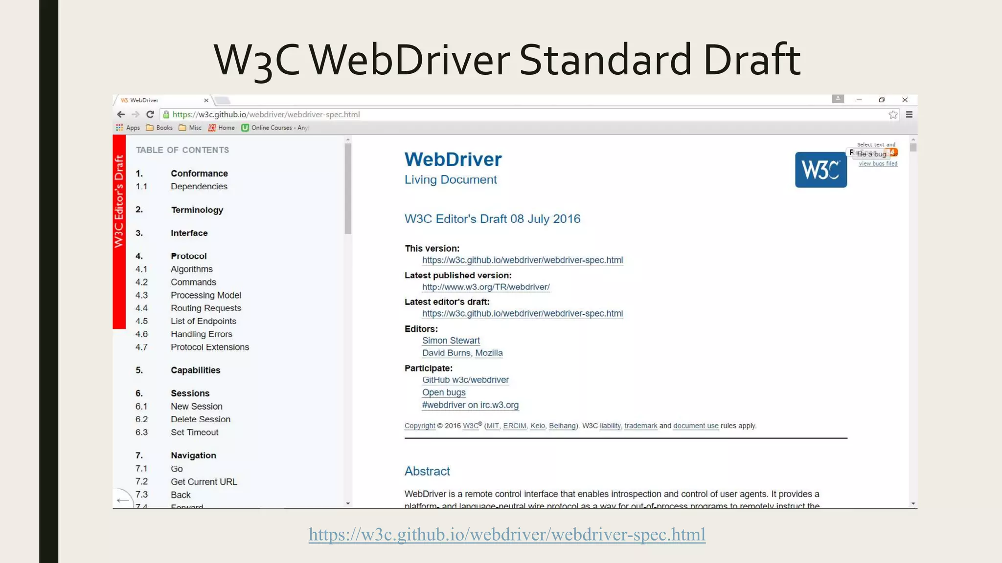 W3CWebDriver Standard Draft
https://w3c.github.io/webdriver/webdriver-spec.html
 
