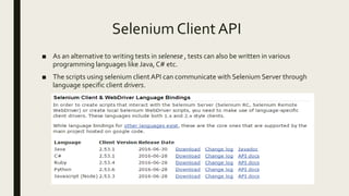 Selenium Client API
■ As an alternative to writing tests in selenese , tests can also be written in various
programming languages like Java,C# etc.
■ The scripts using selenium clientAPI can communicate with Selenium Server through
language specific client drivers.
 