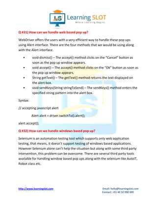 Interview Question & Answers for Selenium Freshers | LearningSlot | PDF