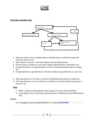 118
Work flow of Implicit wait:
 When the control comes to findElement() or findElements(), it will check whether the
element is present or not
 If the element is present, it will return address of the specified element.
 If the element is not present, it will check whether implicitlyWait() is specified or not.
 If implicitlyWait() is not specified then it will throw NoSuchElementException or Empty
list.
 If implicitlyWait() is specified then it will check whether the specified time is over or not.
 If the specified time is over then it will throw NoSuchElementException or Empty list.
 If the specified time is not over then for every 500ms it will check whether the element is
present or not.
Note:
 500ms is called as polling period which is present in a class called FluentWait.
 Using implicit wait we can handle synchronization of findElement() and findElements()
only.
Syntax:
driver.manage().timeouts().implicitlyWait(time, TimeUnit.SECONDS);
 
