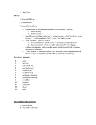 3. WebDriver
Classes:
1. RemoteWebDriver
2. ChromeDriver
3. InternetExplorerDriver
 SearchContext is the super most interface which contains 2 methods,
1. findElement()
2. findElements()
 SearchContext interface is inherited by another interface called WebDriver which
contains 13 methods including findELement() and findElements()
 There are other 2 interfaces such as
1. JavascriptExeutor:- which is used to execute javascript statements
2. TakesscreenShot:- which is used to take screenshots of webpage
 All these interfaces are implemented in a class called RemoteWebdriver(Super
most class in selenium)
 All the methods of RemoteWebdriver class are overridden in respective browser
classes such as, ChromeDriver, FirefoxDriver , InternetExplorerDriver.
WebDriver methods:
1 get()
2 getTitle()
3 getCurrentUrl()
4 getPageSource()
5 findElement()
6 findElements()
7 getWindowHandle()
8 getWindowHandles()
9 switchTo()
10 manage()
11 navigate()
12 close()
13 quit()
JavascriptExecutor methods:
1 executeScript()
2 executeAsyncScript()
 