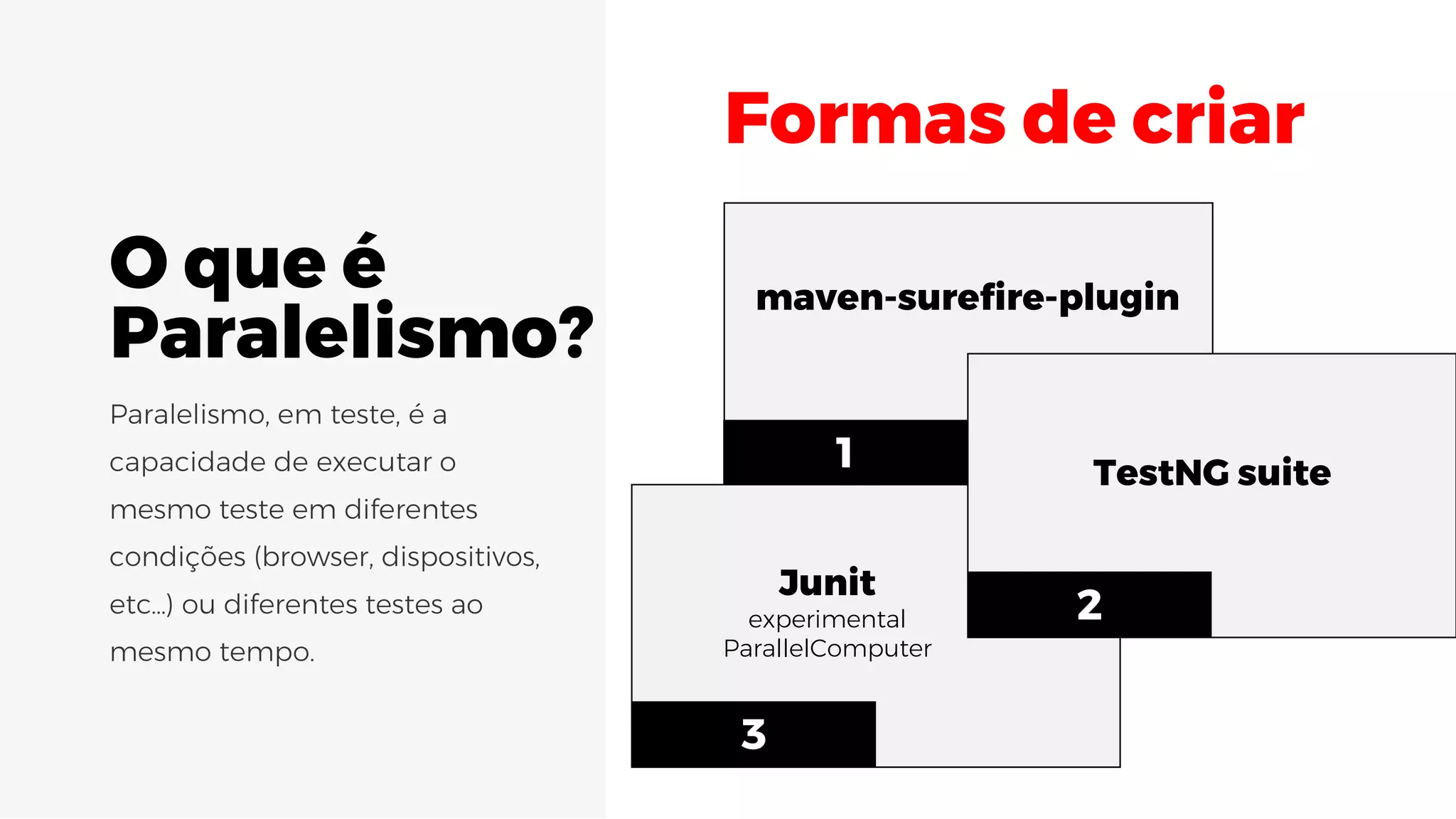 O que é
Paralelismo?
1
maven-surefire-plugin
Junit
experimental
ParallelComputer
3
TestNG suite
2
Formas de criar
 