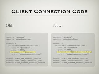 Client Connection Code

Old:                                    New:

require 'rubygems'                      require 'rubygems'
require 'selenium/client'               require 'selenium/client'

browser =                               browser =
  Selenium::Client::Driver.new           Selenium::Client::Driver.new 
    :host => 'localhost',                   :host => 'localhost',
    :port => 4444,                          :port => 4444,
    :browser => '*firefox',                 :browser => 'linux_firefox_3_6',
    :url => 'http://mogotest.com/'          :url => 'http://mogotest.com/'

browser.start_new_browser_session       browser.start_new_browser_session
browser.open 'http://mogotest.com/'     browser.open 'http://mogotest.com/'
browser.close_current_browser_session   browser.close_current_browser_session
 