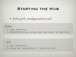 Starting the Hub

   • Edit grid_conﬁguration.yml

Rake:
 $ rake hub:start
 $ BACKGROUND=true nohup rake hub:start &>/dev/null



ant:
 $ ant launch-hub
 $ nohup ant launch-hub >> log_file 2>&1
 