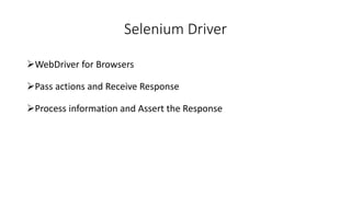 Selenium Driver
WebDriver for Browsers
Pass actions and Receive Response
Process information and Assert the Response