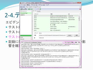 2-4.テストの記録 
エビデンスを作成しやすい 
 テスト内容や結果についてコメントを入力可能 
 テストの入力内容や画面遷移を記録可能 
 テストの結果をログファイルに出力可能 
 記録に残すことで、Webアプリケーション更新の影 
響を確認可能 
 