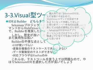 3-3.Visual型ツール- ③ 
IDEとBuilder どちらを使う？ 
個人的には、SeleniumIDEは、 
とても使いやすいので、 
WebDriverコマンドを記述でき 
るようになって存続してほしい 
と思います・・・今もIDEは更 
新しているので期待しています 
SeleniumIDEはWebアプリ 
ケーションやプログラミングに 
精通していなくても扱いやすい 
とも思います 
Seleniumプロジェクトとしては、いずれはSeleniumコ 
マンドからWebDriverコマンドへ全面的に移行したいの 
で、Builderを推奨したいようである 
しかし、歴史が浅い（２０１３年初め頃）こともあり、 
まだ実用性は低い 
Builderの不便な点として 
•UIが使いづらい 
•変数を複数のテストケースで共有できない 
•データ駆動型のテストができない 
•対応ブラウザはFireFoxのみ 
これらは、テストツールを使う上では問題なので、や 
はりSeleniumIDEを選択した方が良いでしょう 
 