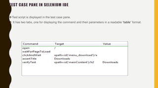 TEST CASE PANE IN SELENIUM IDE
Test script is displayed in the test case pane.
 It has two tabs, one for displaying the command and their parameters in a readable “table” format.
 