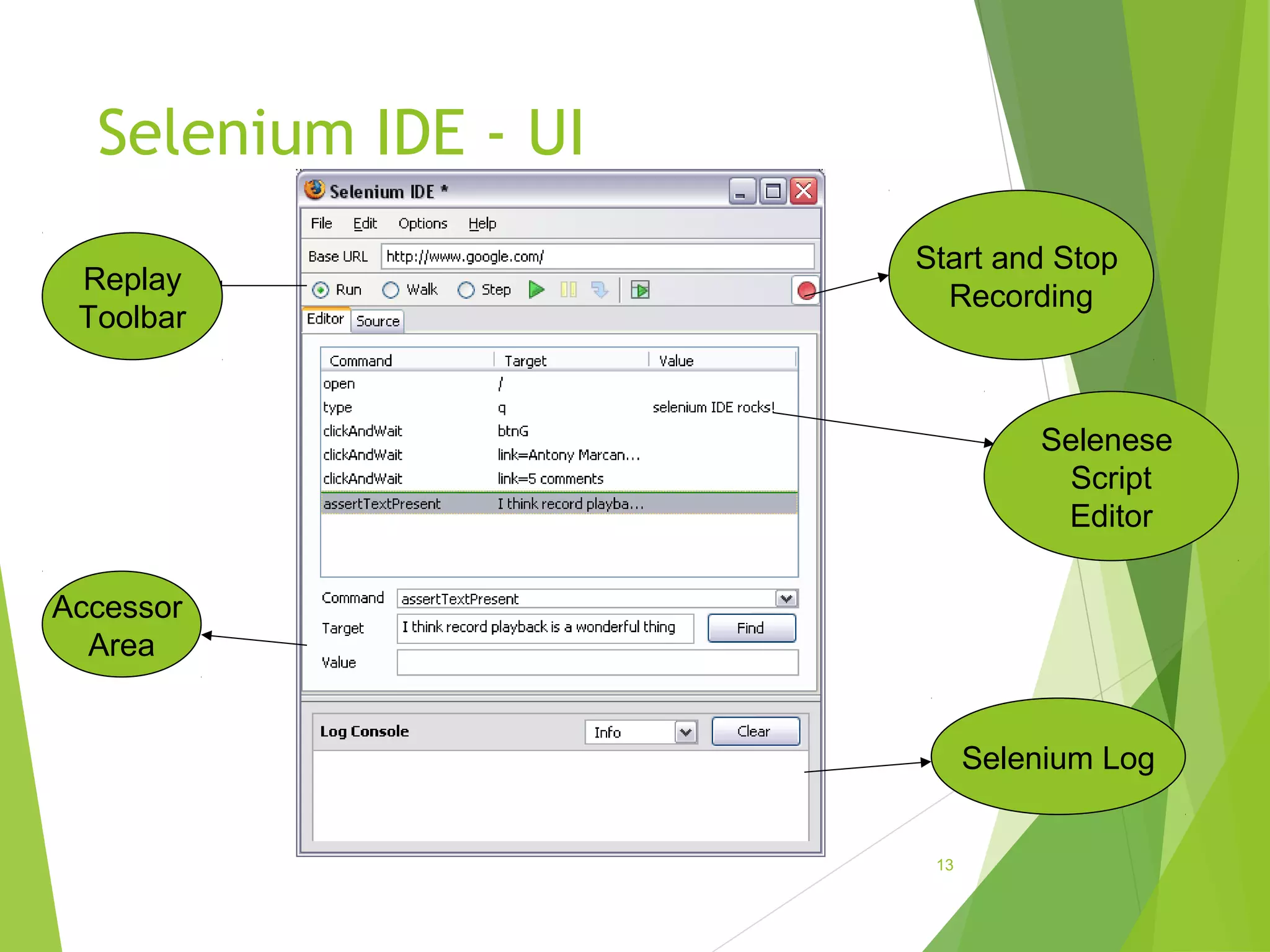Selenium IDE - UI
13
Start and Stop
Recording
Selenese
Script
Editor
Selenium Log
Replay
Toolbar
Accessor
Area