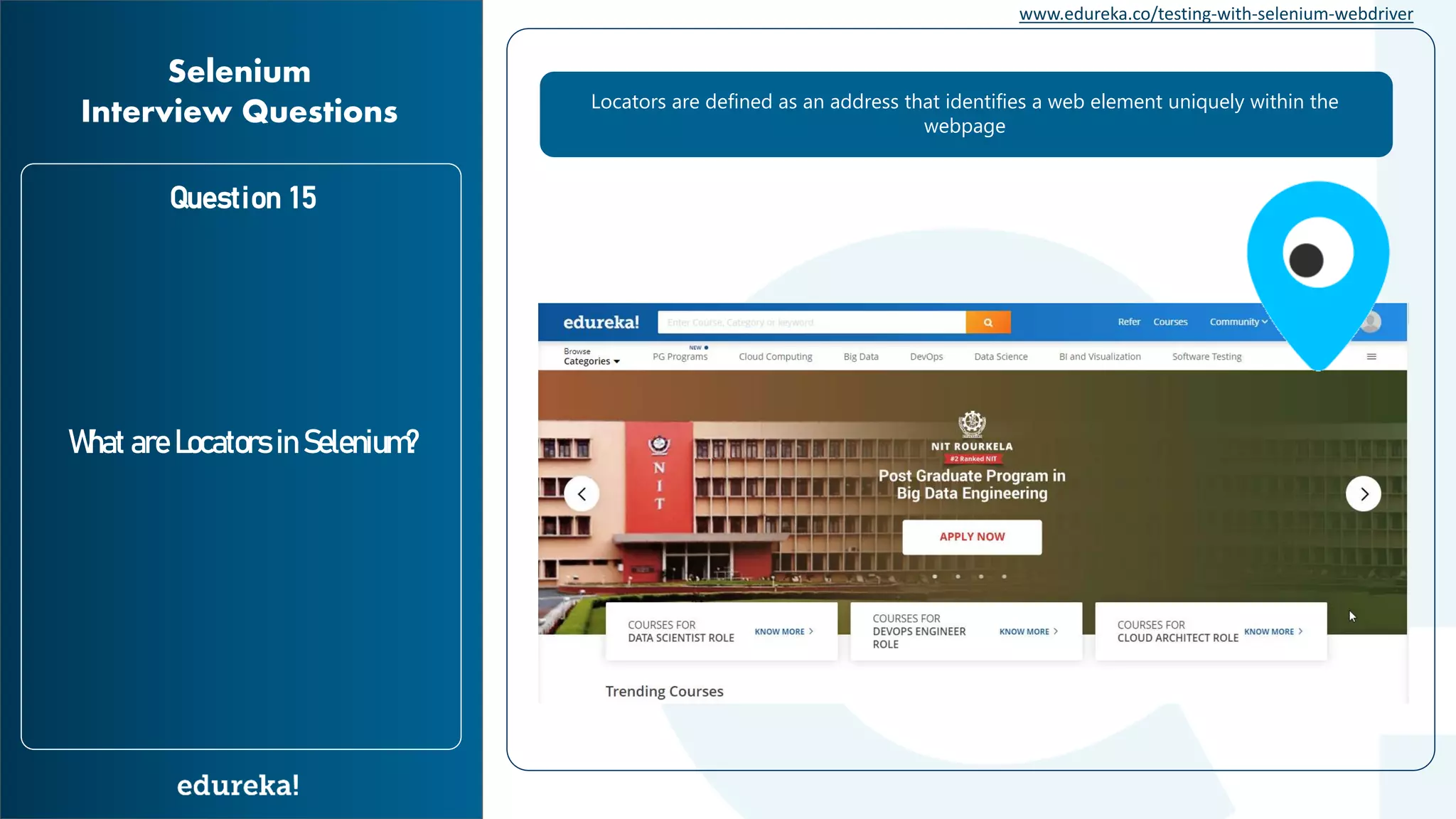 www.edureka.co/testing-with-selenium-webdriver Question 15 What are Locators in Selenium? Selenium Interview Questions Locators are defined as an address that identifies a web element uniquely within the webpage 