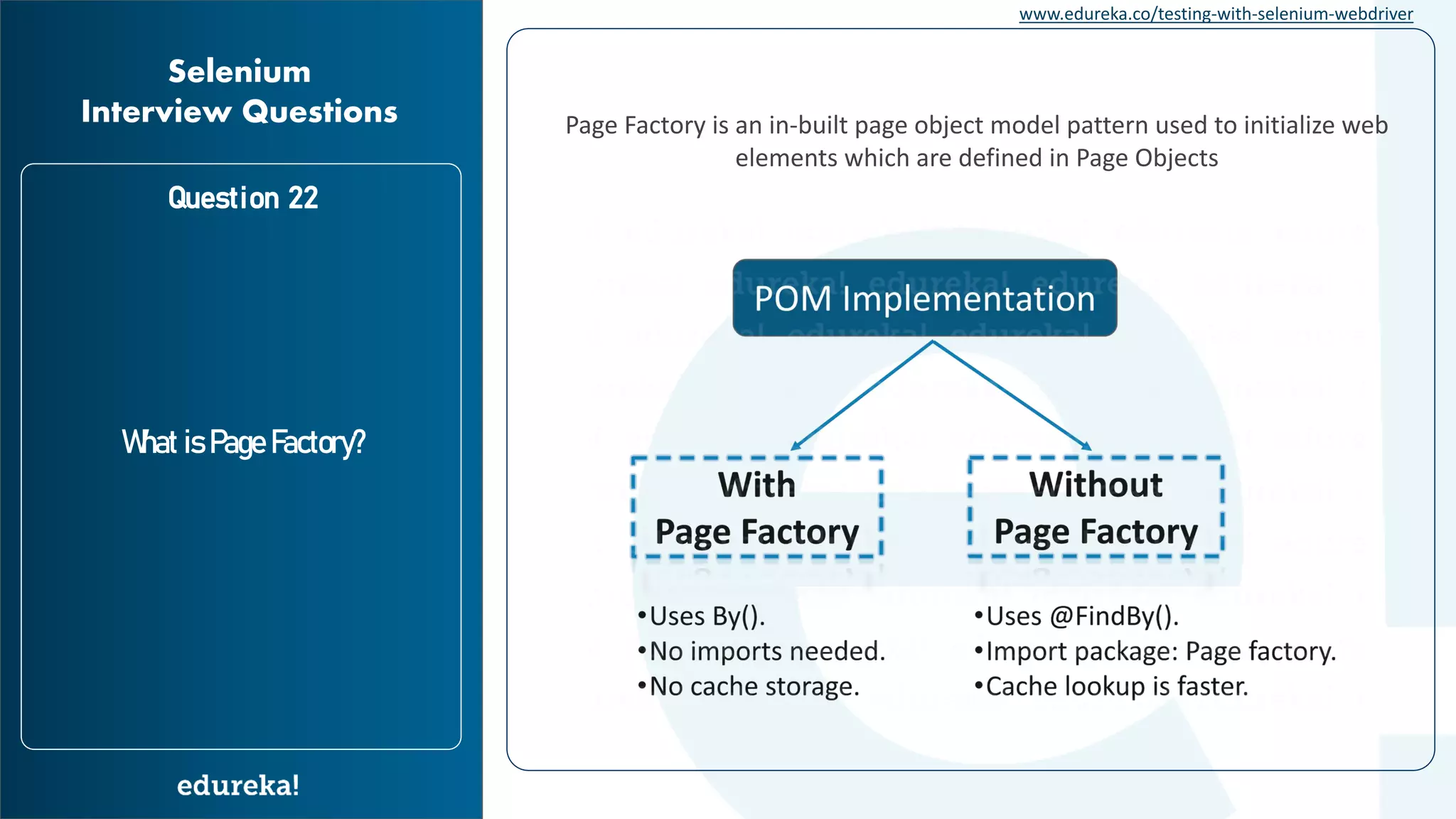 www.edureka.co/testing-with-selenium-webdriver Question 22 What is Page Factory? Selenium Interview Questions Page Factory is an in-built page object model pattern used to initialize web elements which are defined in Page Objects 