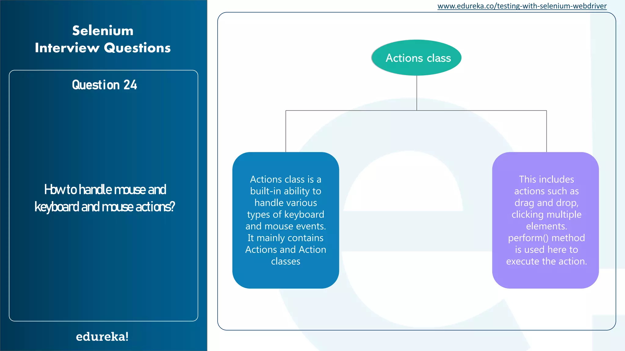 www.edureka.co/testing-with-selenium-webdriver Question 24 How to handle mouse and keyboard and mouse actions? Selenium Interview Questions Actions class This includes actions such as drag and drop, clicking multiple elements. perform() method is used here to execute the action. Actions class is a built-in ability to handle various types of keyboard and mouse events. It mainly contains Actions and Action classes 