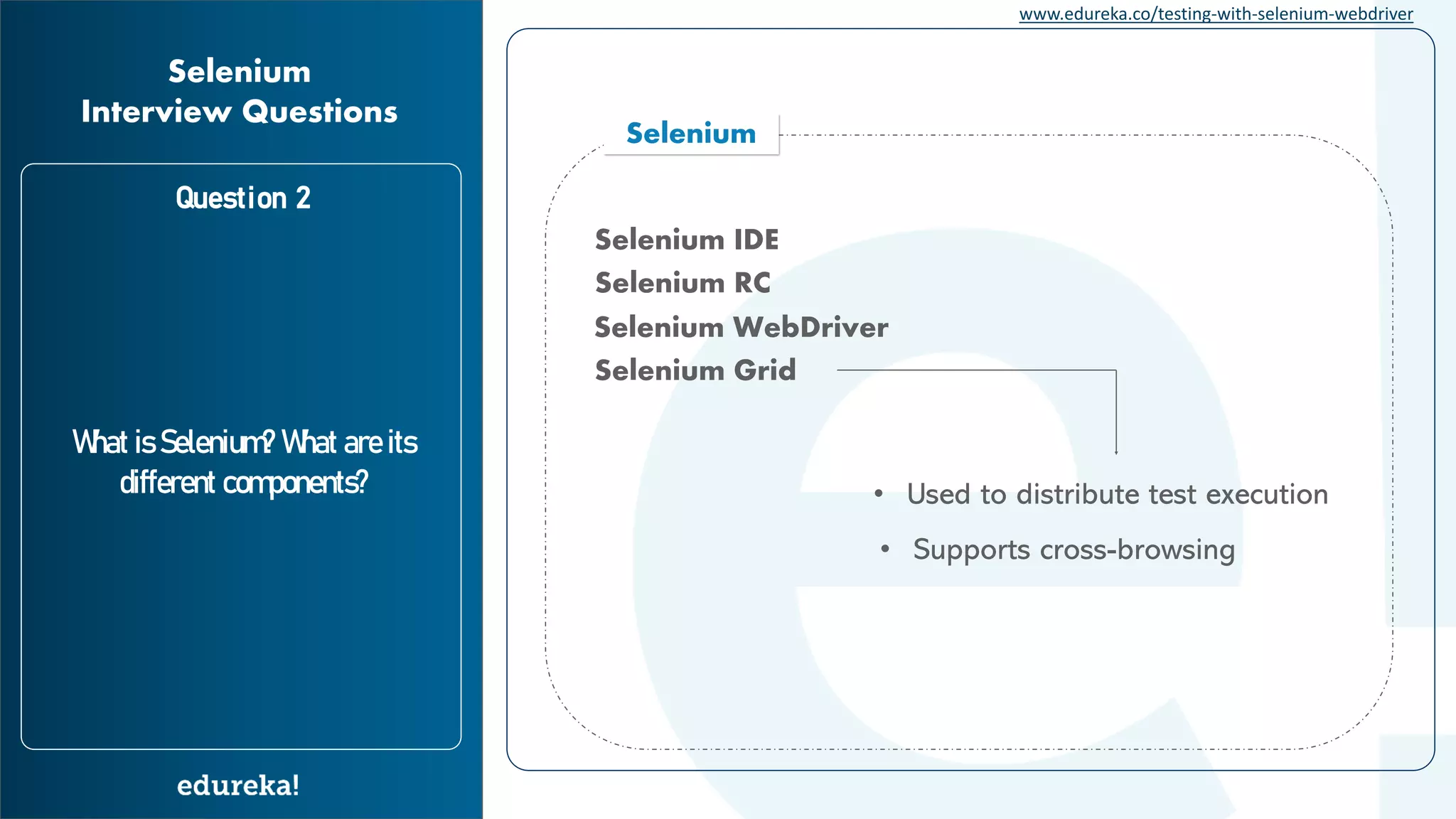 www.edureka.co/testing-with-selenium-webdriver Question 2 What is Selenium? What are its different components? Selenium Interview Questions Selenium Selenium IDE Selenium RC Selenium WebDriver Selenium Grid • Used to distribute test execution • Supports cross-browsing 