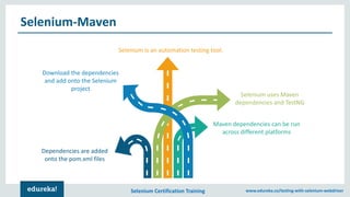 Selenium Certification Training www.edureka.co/testing-with-selenium-webdriver
Selenium-Maven
Dependencies are added
onto the pom.xml files
Download the dependencies
and add onto the Selenium
project
Maven dependencies can be run
across different platforms
Selenium uses Maven
dependencies and TestNG
Selenium is an automation testing tool.
 