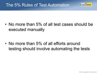 ©2016 LogiGear Corporation
The 5% Rules of Test Automation
• No more than 5% of all test cases should be
executed manually
• No more than 5% of all efforts around
testing should involve automating the tests
 